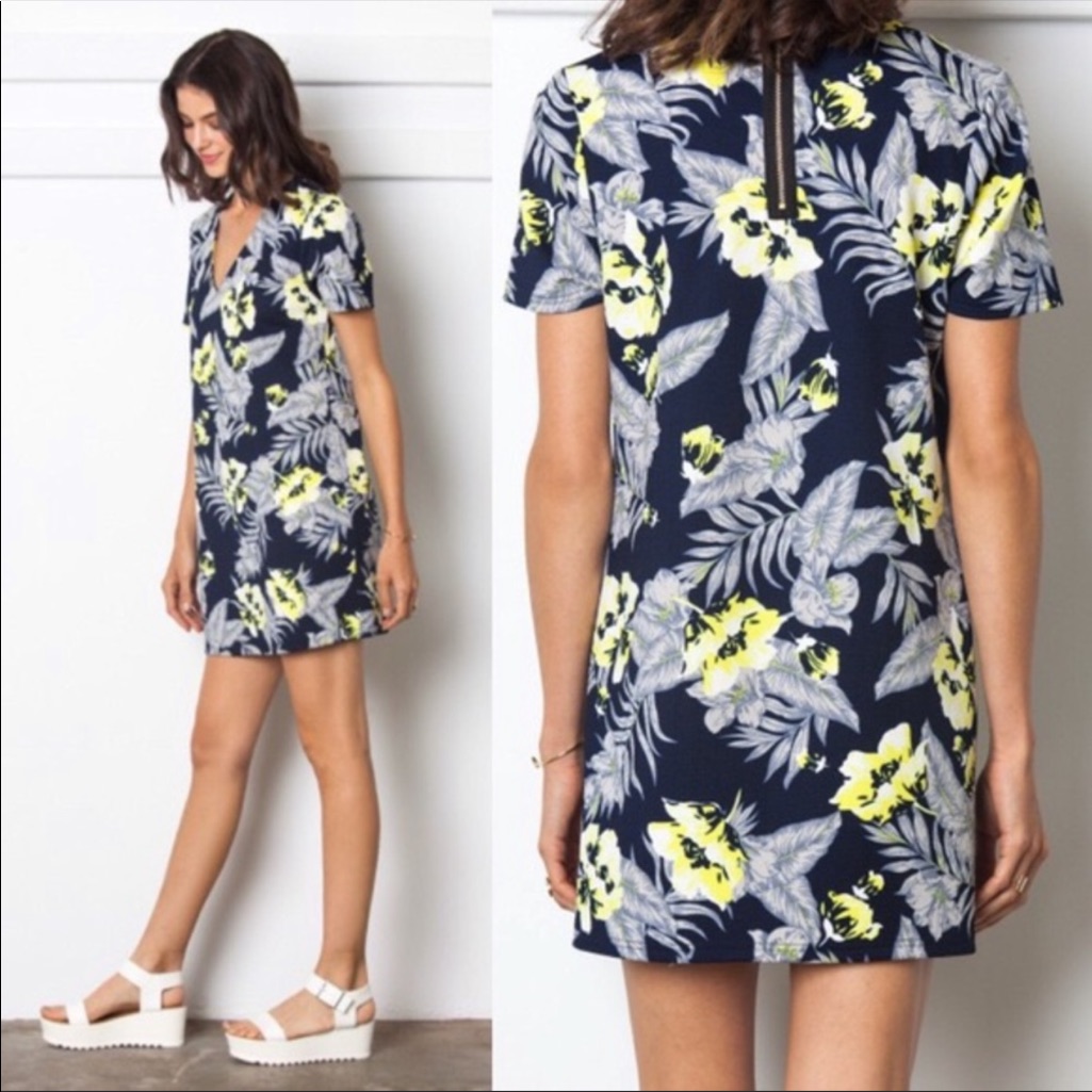 Sans Souci Tropical Print Shift Dress Floral Navy Size Extra Small